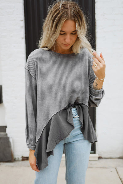 Medium Grey Waffle Long Sleeve Ruffled Patchwork Top