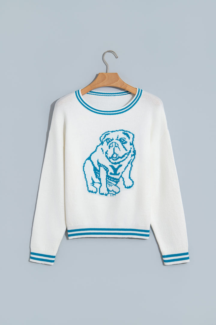 Light Blue Bulldog Contrast Trim Round Neck Casual Sweater