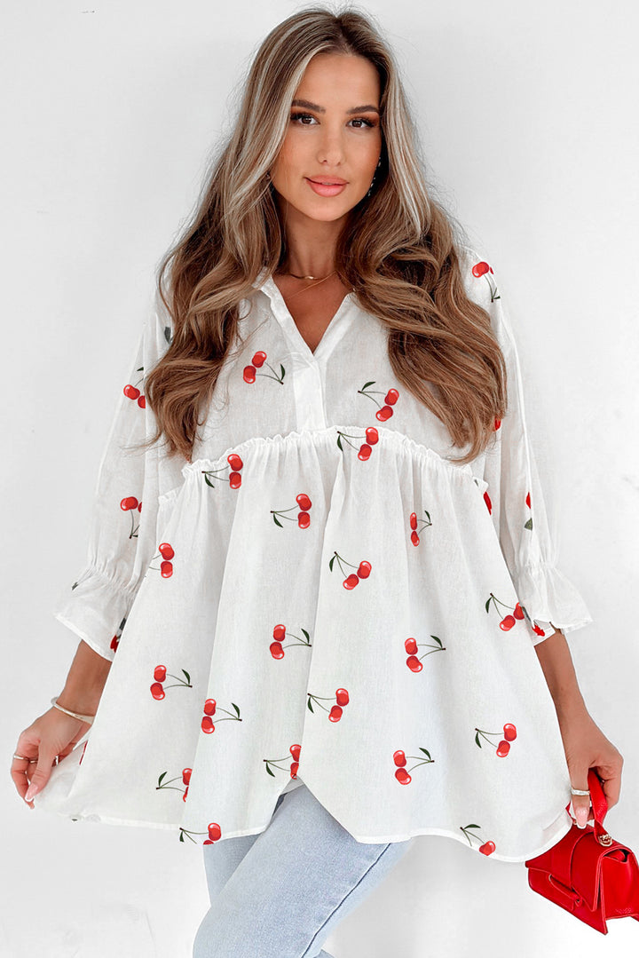 White Cherry Print Flounce Sleeve Collared Frilled Babydoll Blouse