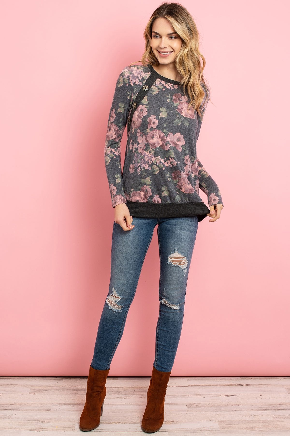 Button Detail Long Sleeved Floral Print Top