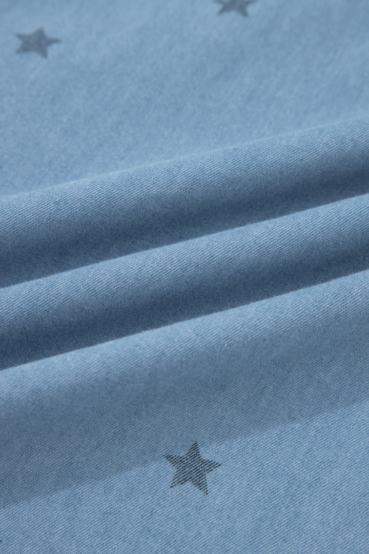 Beau Blue Star Allover Print Double Chest Pocket Short Sleeve Denim Shirt