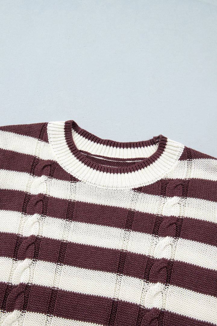 Brown Stripe Ribbed Knit Cable Detail Short Sleeve Sweater