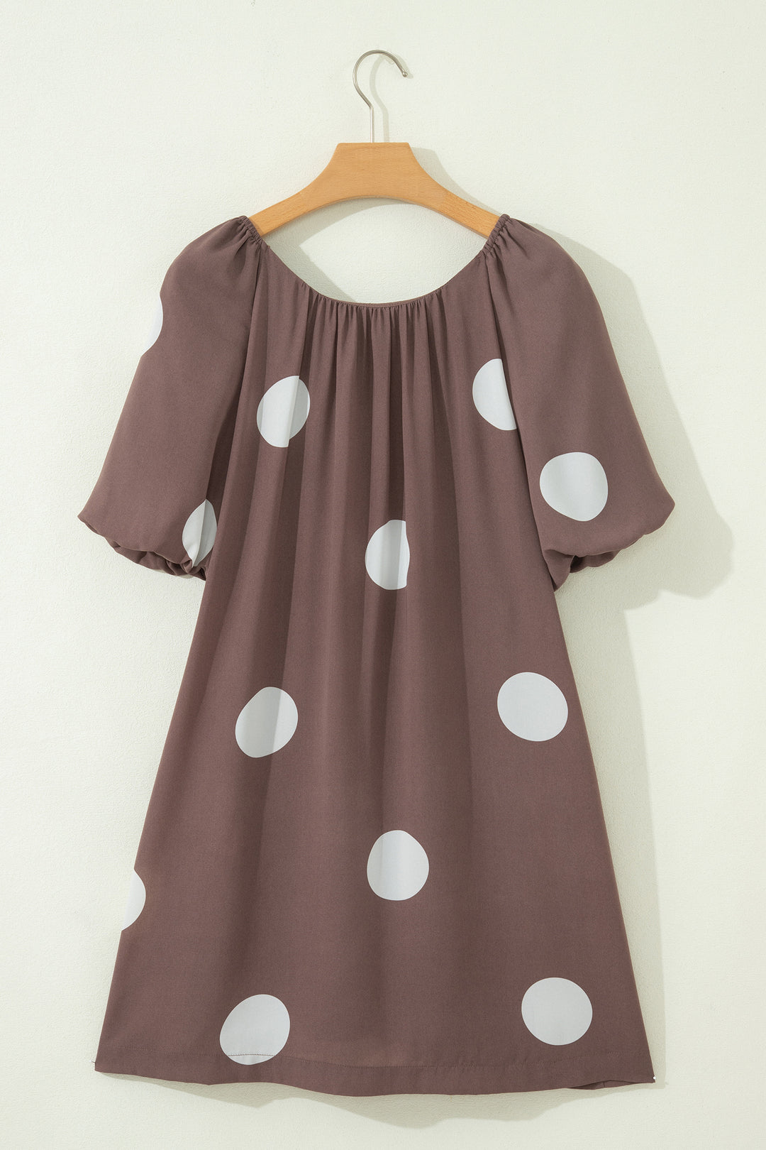 Brown Polka Dot Print Knot Back Short Puff Sleeve Loose Mini Dress
