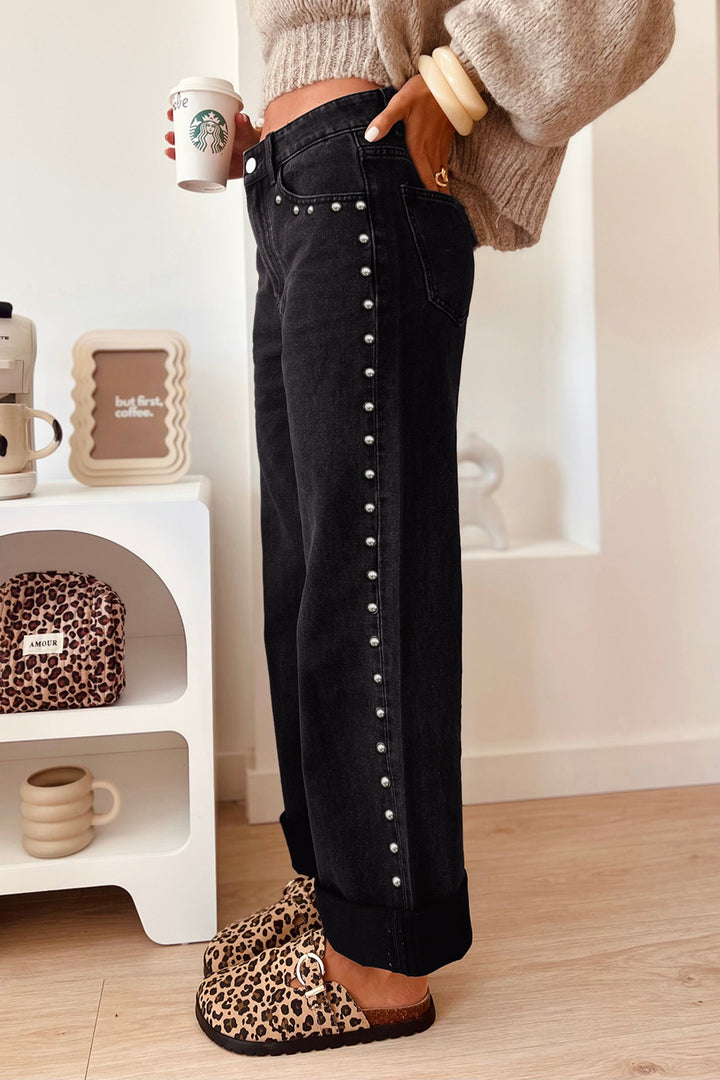 Black Studded Detail Straight Leg Casual Loose Jeans