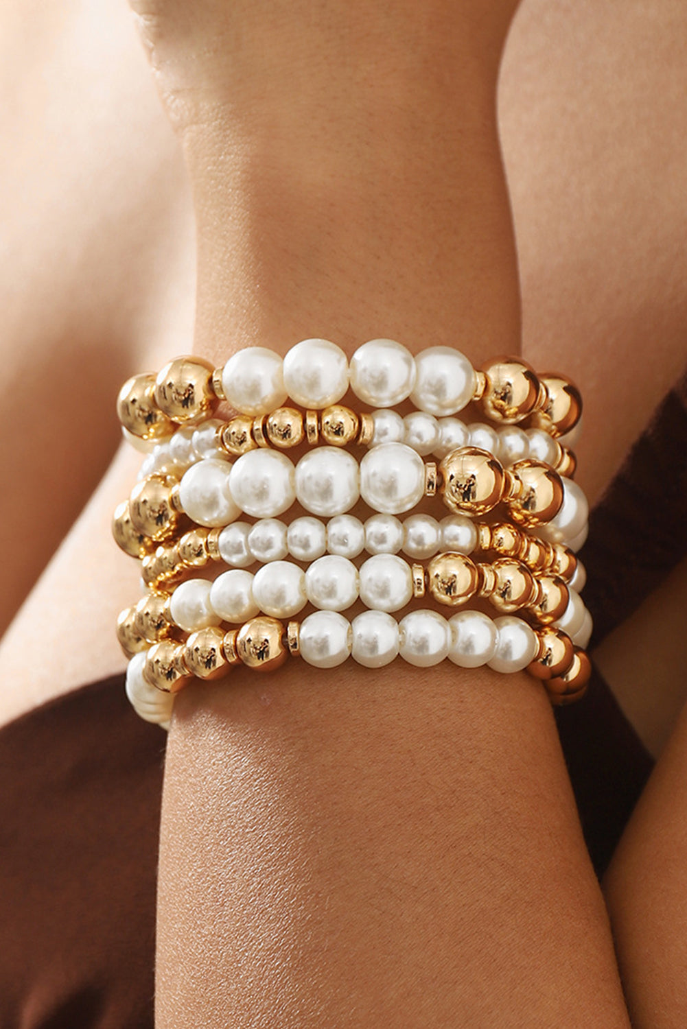 White 5pcs Pearl Plated Beaded Bracelet Set