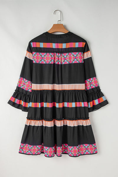 Black Ethnic Print Buttoned V Neck Bell Sleeve Ruffle Patchwork Dress