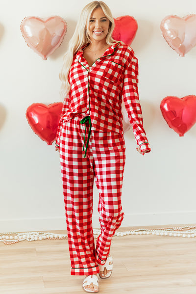 Fiery Red Christmas Plaid Print Shirt and Pants Pajama Set