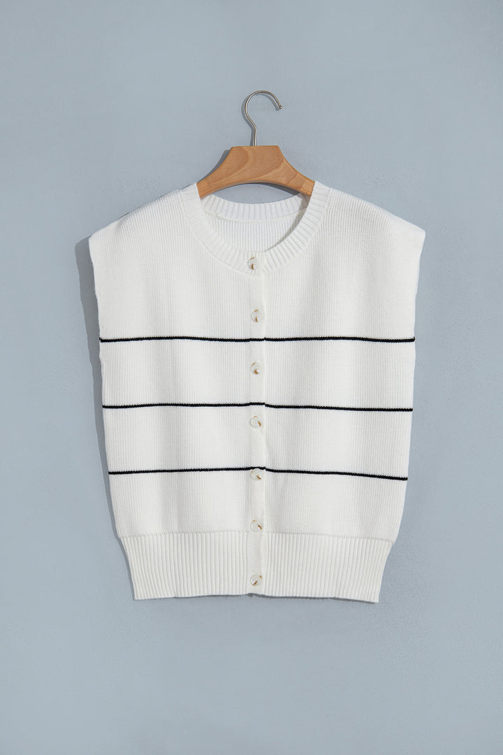 White Stripe Short Sleeve Button Front Shift Cardigan
