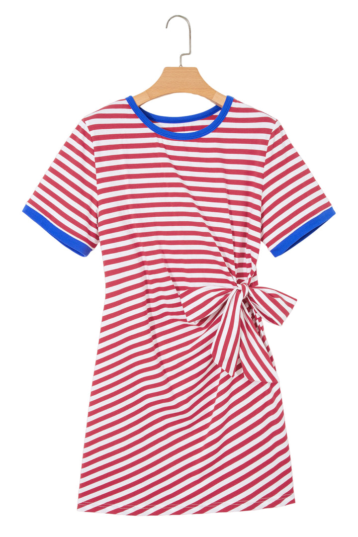 Sky Blue Stripe Nautical Tie Contrast Trim Round Neck T Shirt Mini Dress