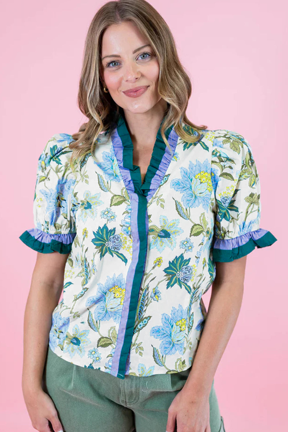 Beige Floral Print Contrasted Frilled Striped Trim Short Sleeve Blouse