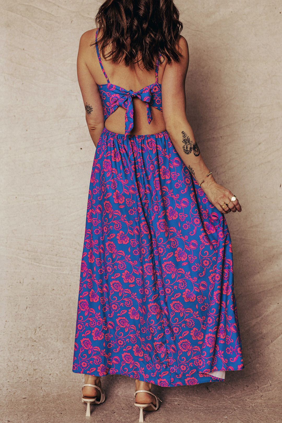 Blue Floral Print Twisted V Neck Tied Backless Maxi Dress