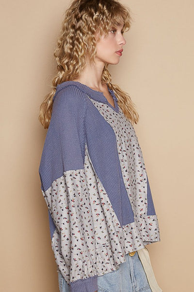 POL Waffle Knit Floral Notched Long Sleeve Top