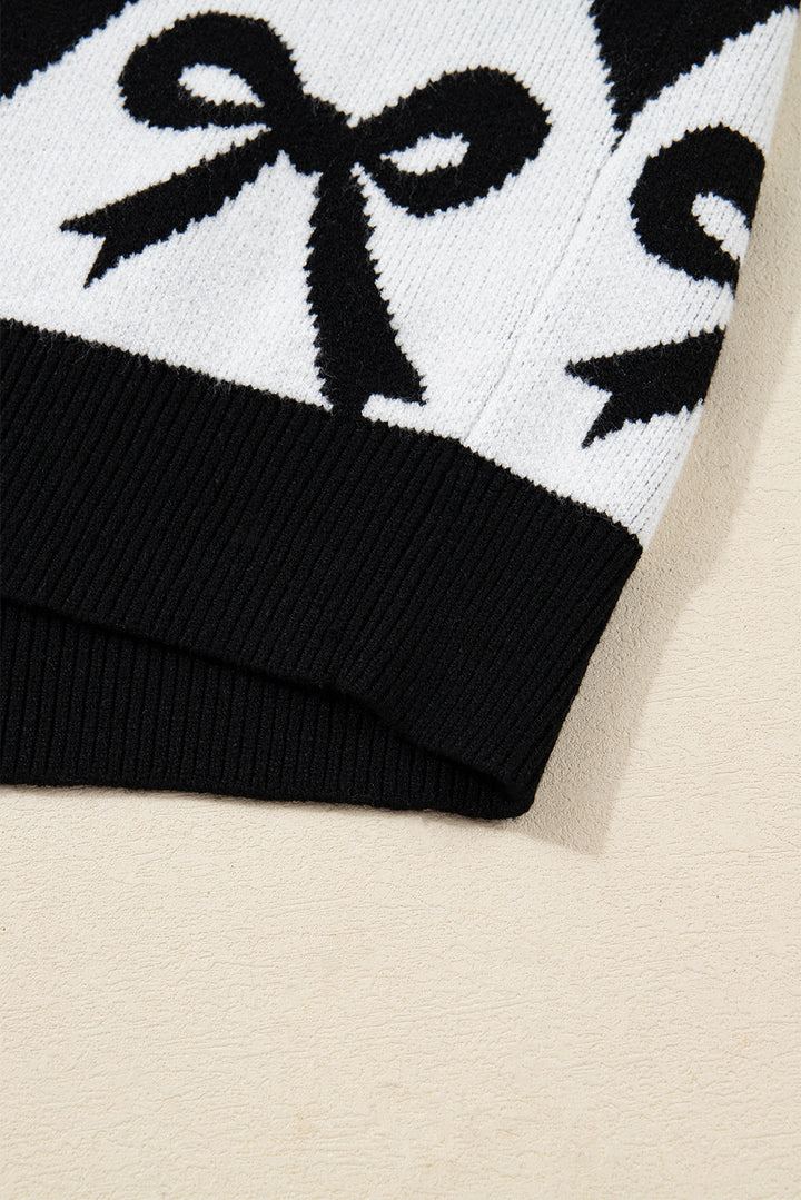 Black Bow Print 2-tone Rhombus Knit Loose Sweater