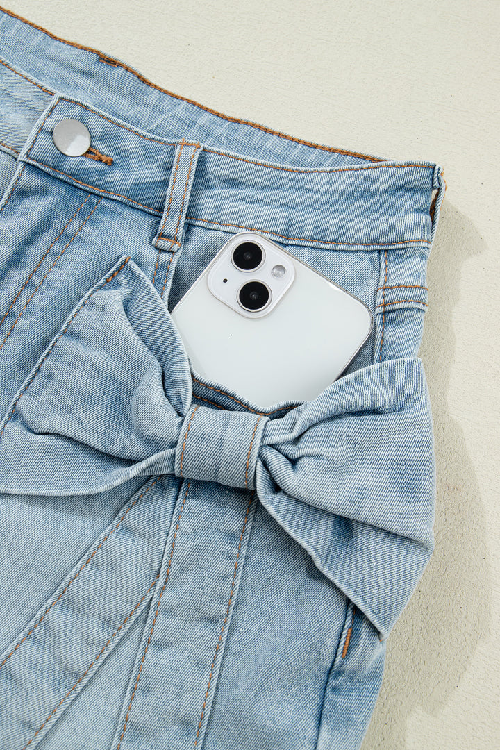 Beau Blue Bow Detail Denim Shorts with Pockets