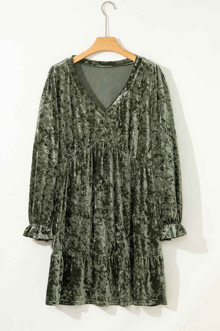 Coffee Plus Size Velvet Babydoll Mini Dress with Puff Sleeve