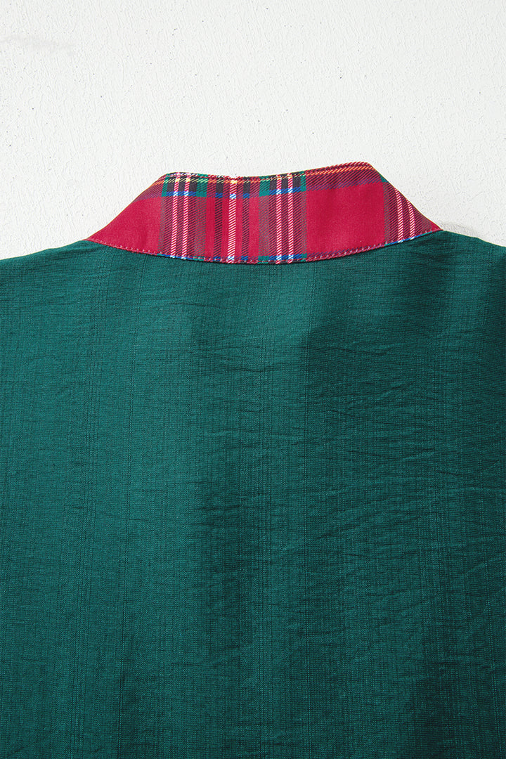 Evergreen Contrast Plaid Patchwork V Neck Half Sleeve Blouse