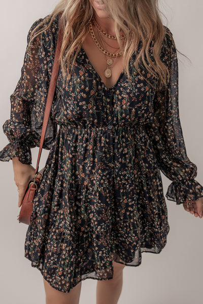 Black Floral Print V Neck Ruffled Puff Sleeve Mini Dress