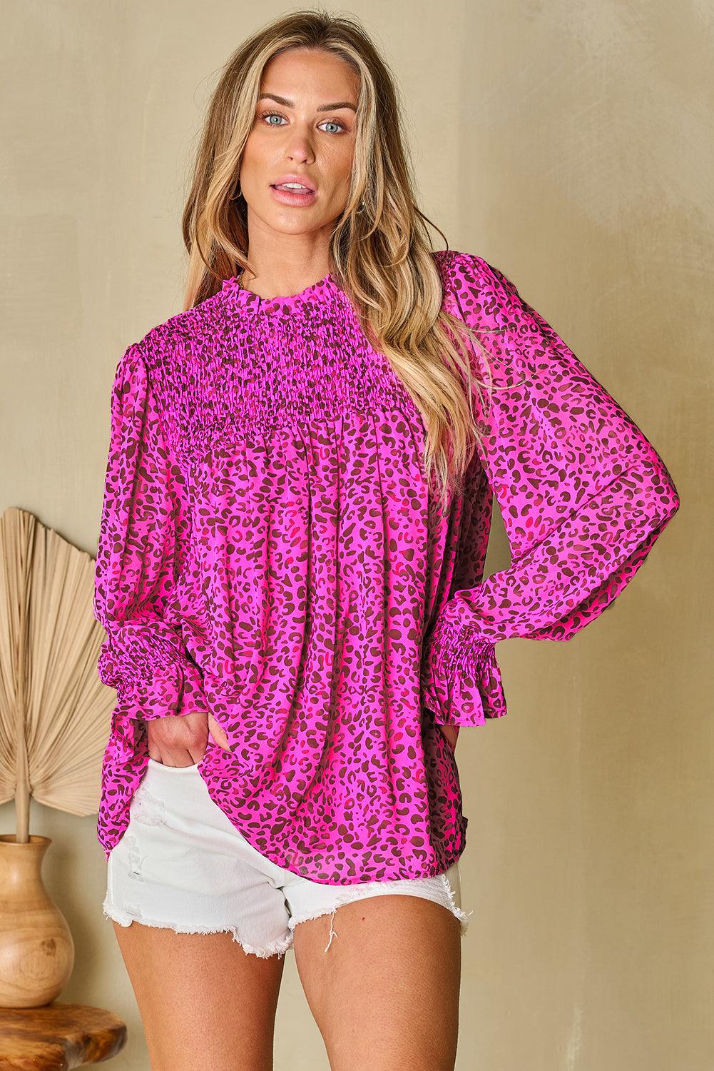 Rose Leopard Shirred Puff Sleeve Flowy Blouse