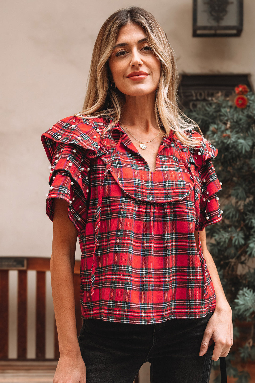 Red Festive Plaid Pearl Embellished Ruffle Short Sleeve Blouse