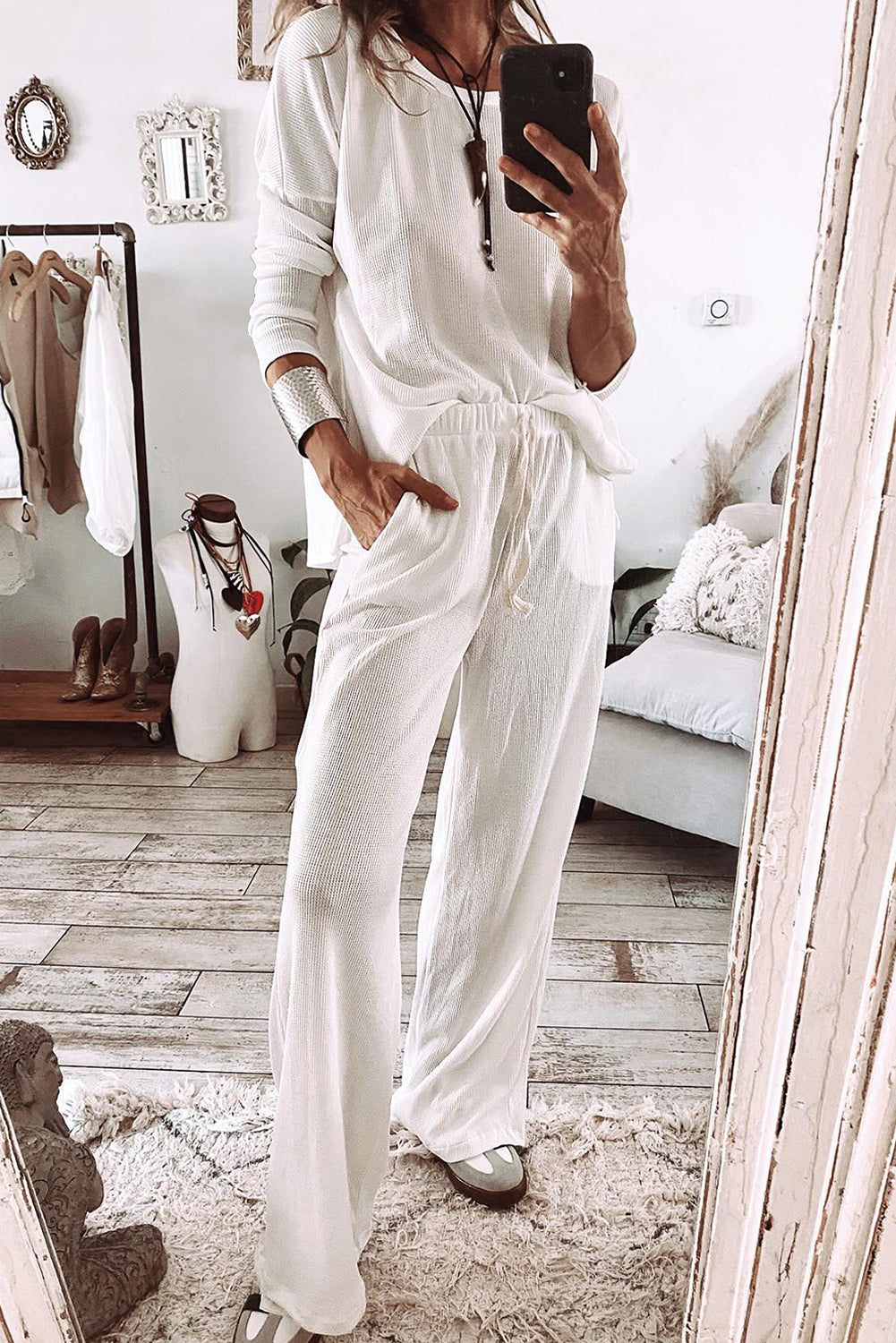 White Textured Long Sleeve T Shirt and Pants Lounge Set