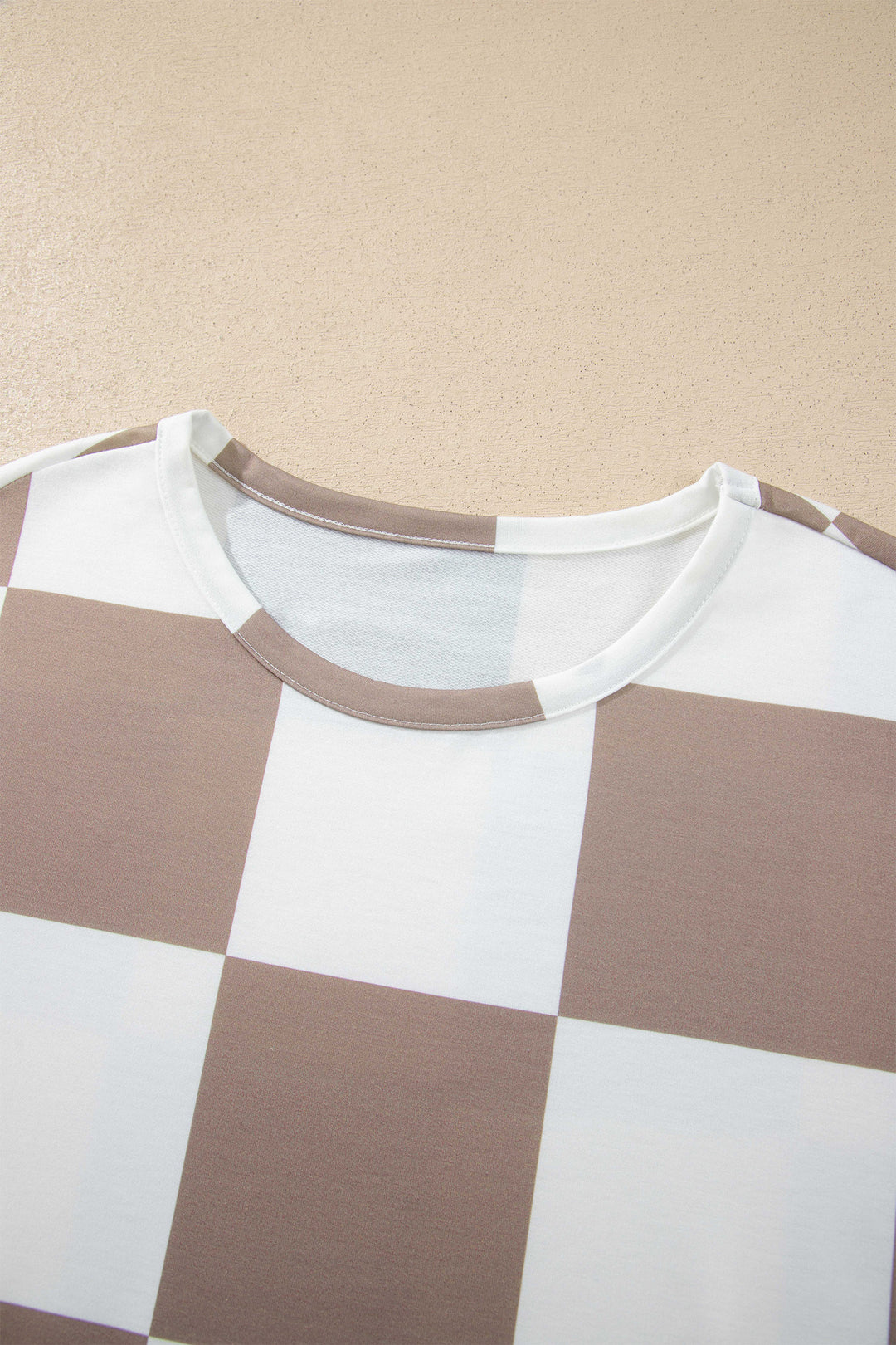 Khaki Checkerboard Plaid Long Sleeve Solid Color Shorts 2pcs Set
