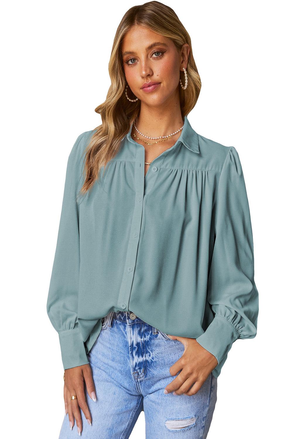 Sky Blue Solid Color Button Up Puff Sleeve Blouse