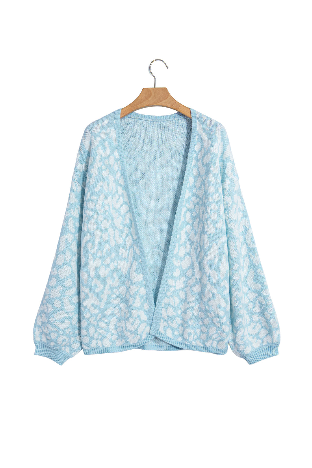 Light Blue Leopard Print V Neck Long Sleeve Loose Fit Knit Cardigan