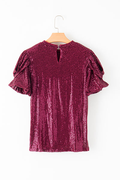 Burgundy Glittering Sequin Short Bubble Sleeve Blouse