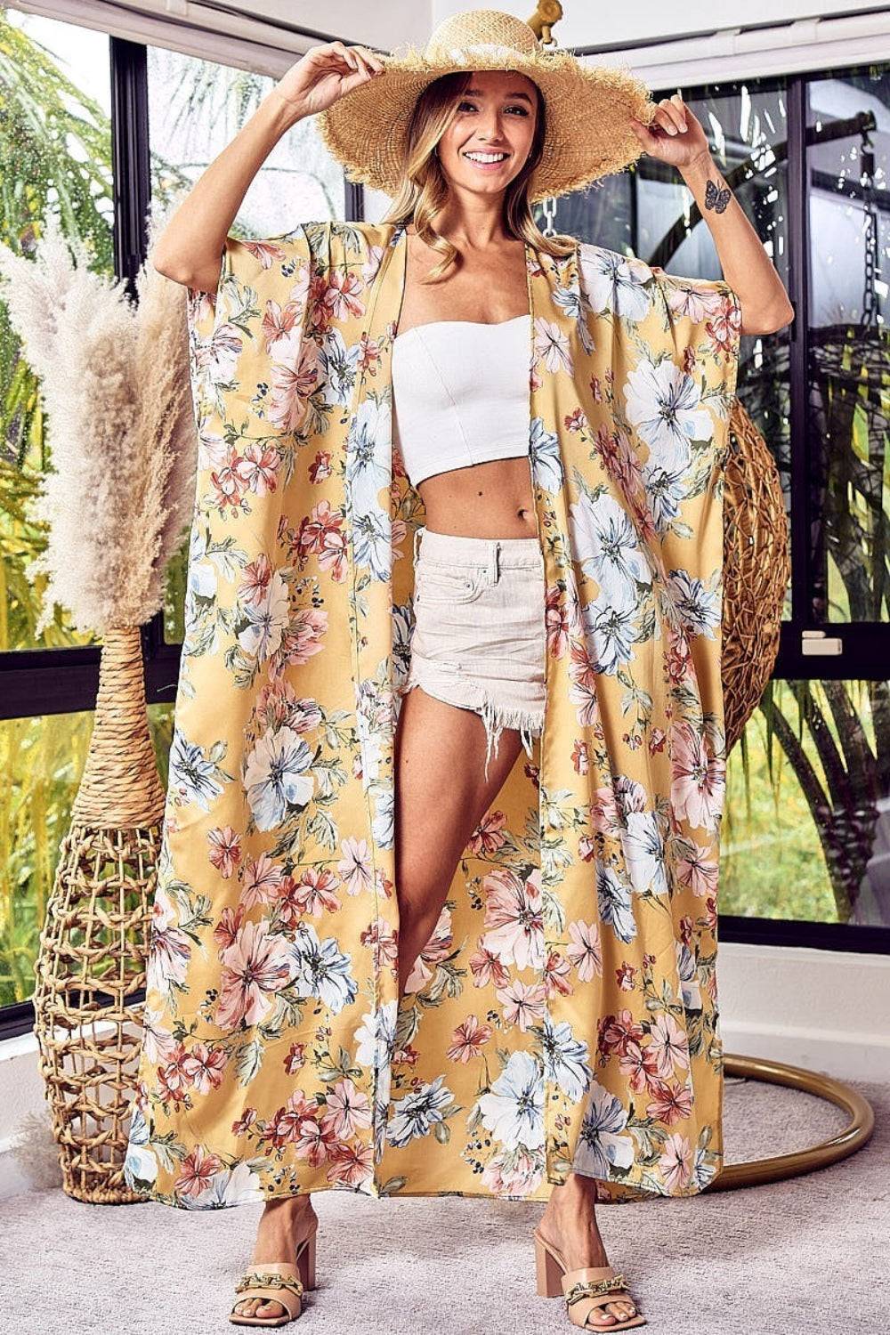 BiBi Floral Side Slit Longline Cardigan