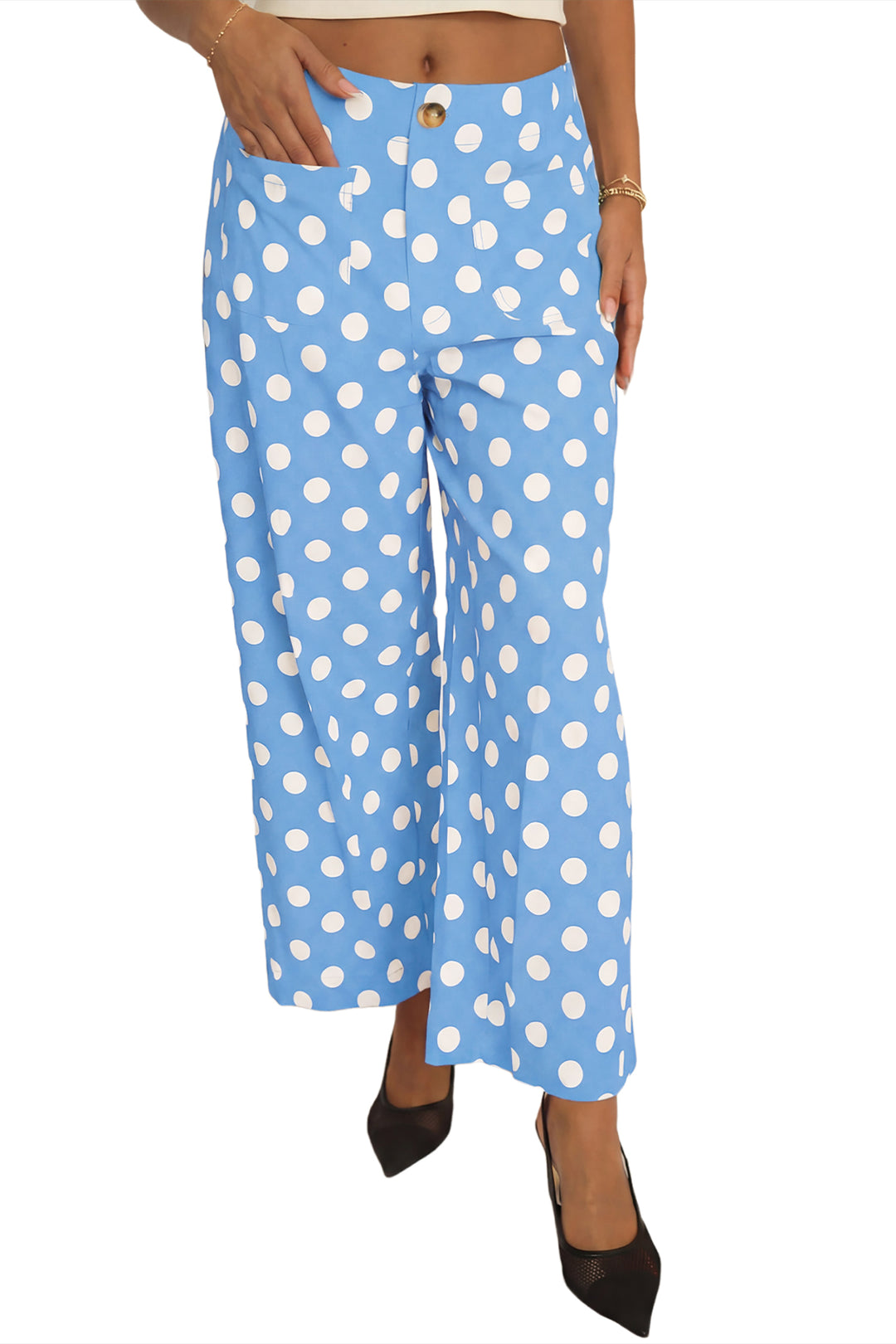 Black Polka Dot Print Patched Pocket Mid-rise Straight Leg Pants