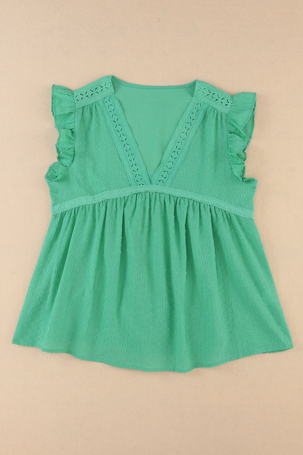 Green Eyelet V Neckline Ruffle Swiss Dot Top