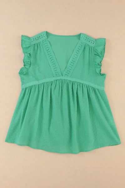 Green Eyelet V Neckline Ruffle Swiss Dot Top