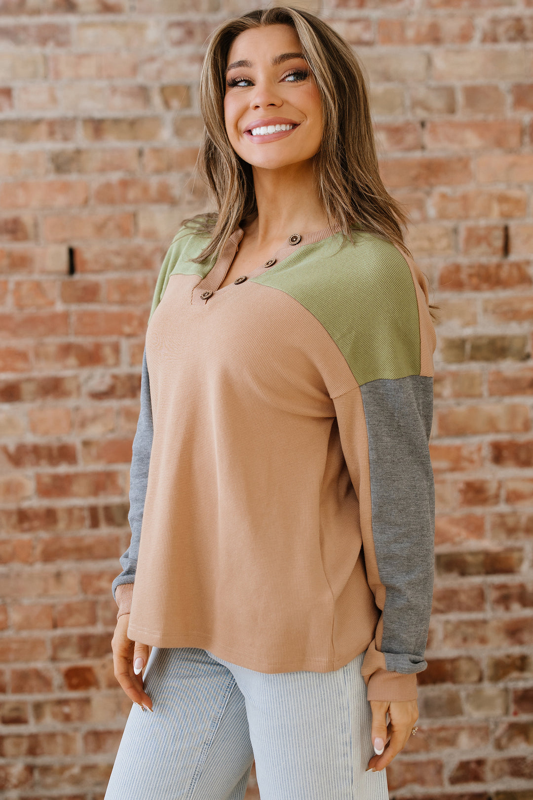 Buckskin Color Block Thermal Textured Knit Drop Shoulder Henley Top