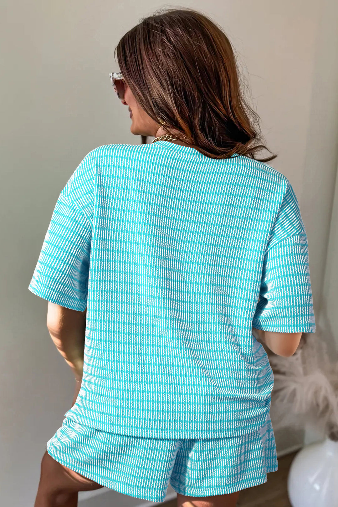 Rose Stripe Raised Rib Loose Tee Drawstring Elastic Waist 2pcs Short Set