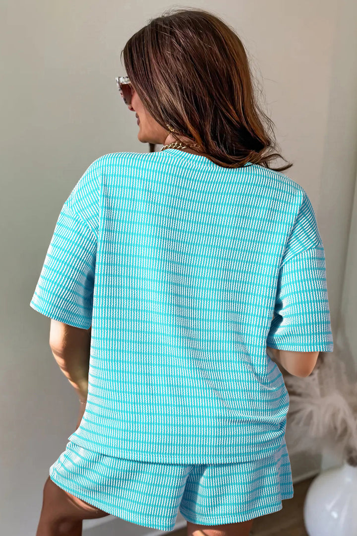 Rose Stripe Raised Rib Loose Tee Drawstring Elastic Waist 2pcs Short Set