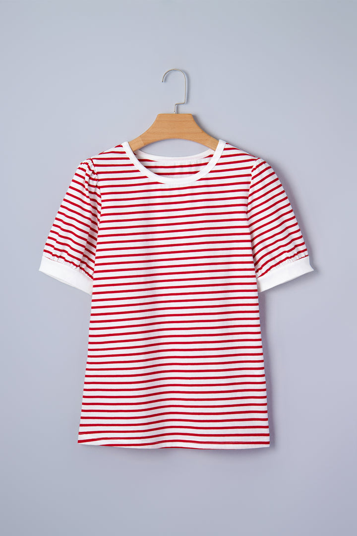 Red Stripe Contrast Trim Round Neck Short Puff Sleeve T Shirt