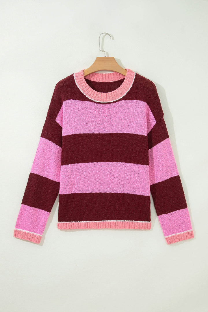 Pink Stripe Striped Drop Shoulder Long Sleeve Pullover Regular Fit Knit Sweater