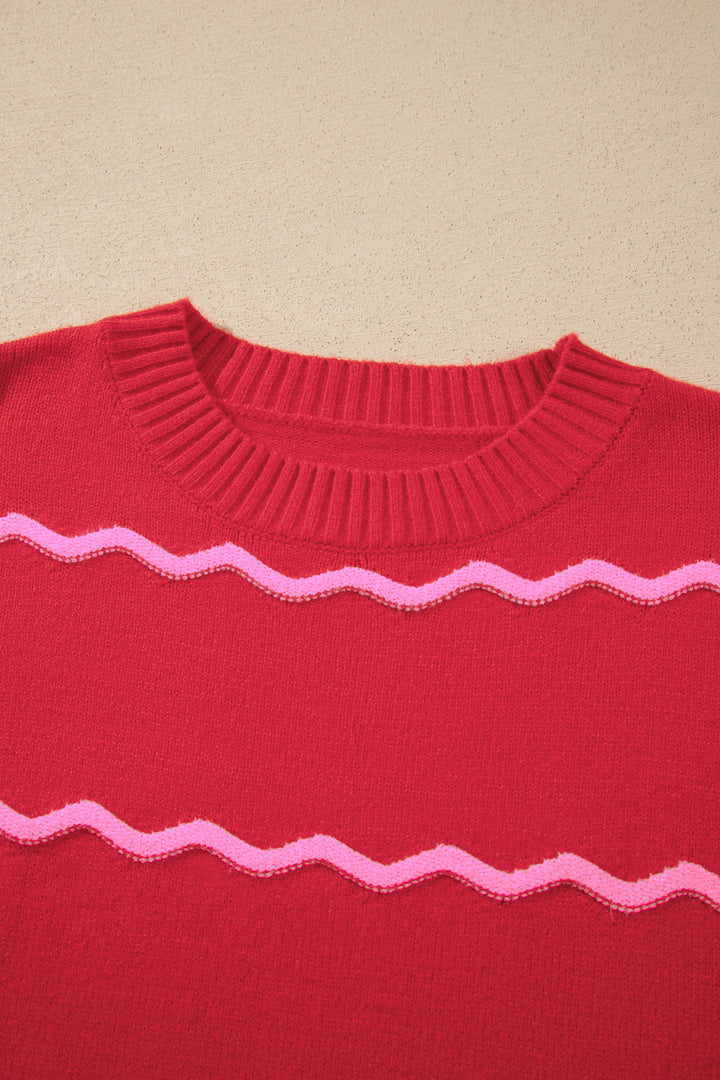 Red Stripe Striped Round Neck Long Sleeve Shift Pullover Sweater