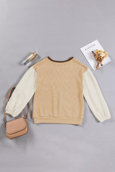 Smoke Gray Textured Patchwork Crew Neck Puff Sleeves Top