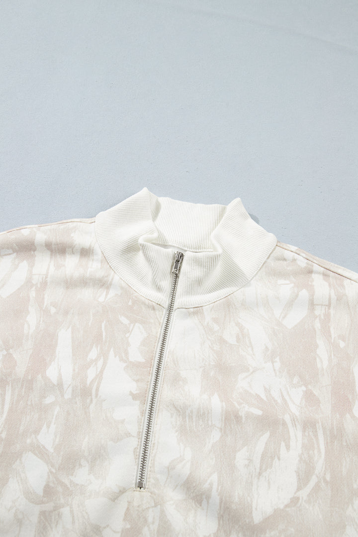 Khaki Camouflage Print Quarter-Zip Drop Shoulder Long Sleeve Sweatshirt