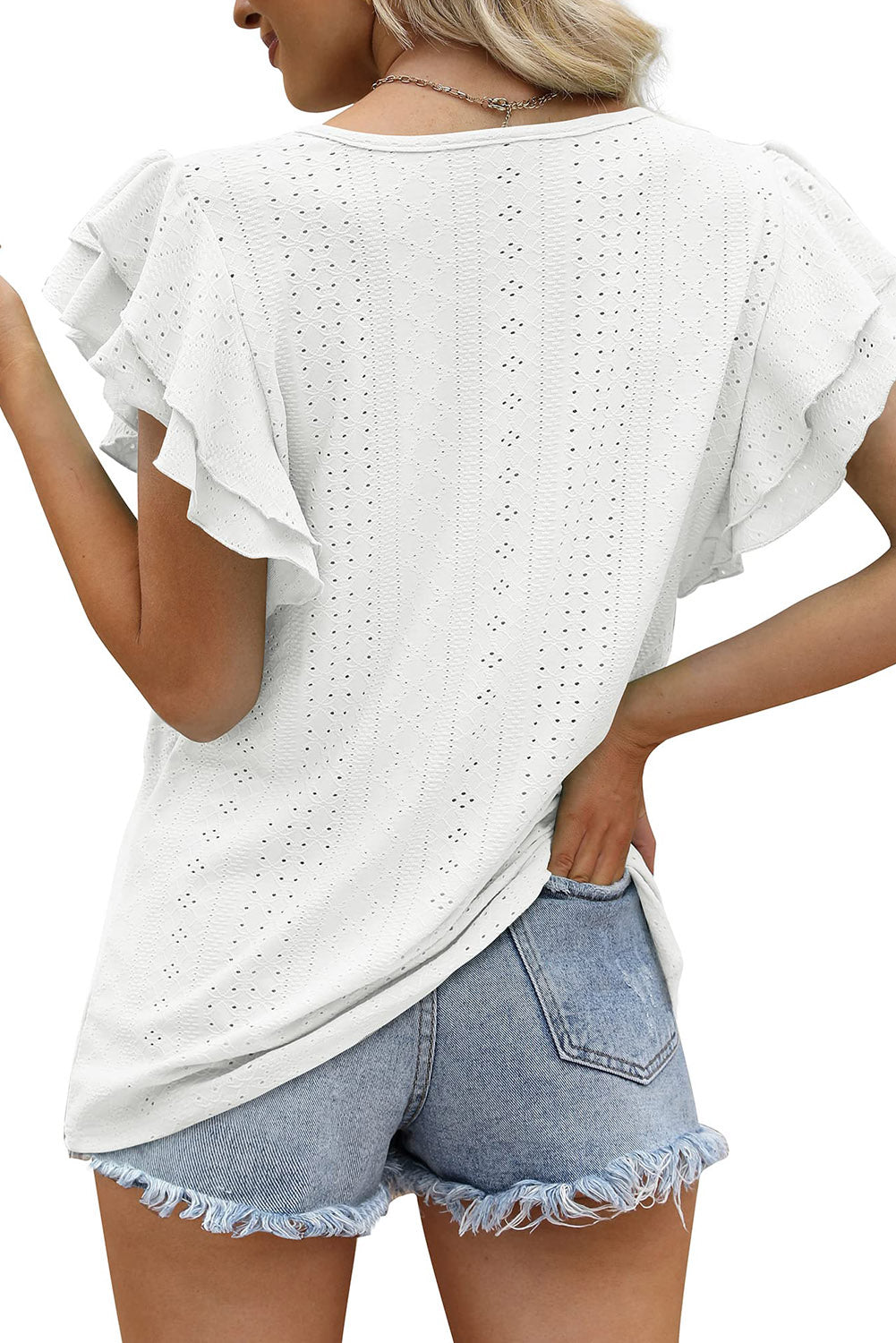 White Rhombus Textured Ruffle Short Sleeve Blouse