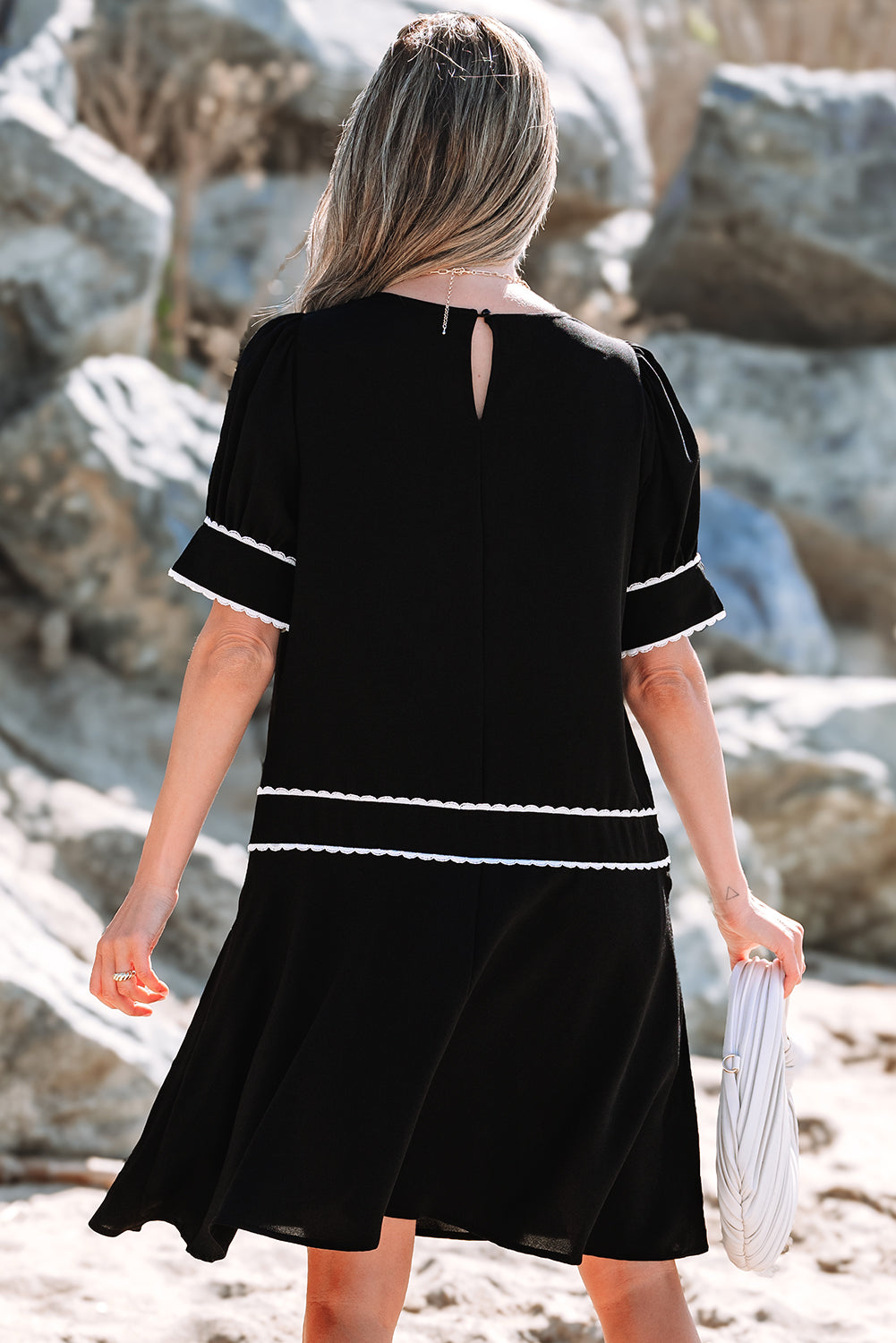 Birdie Scallop Trim Bow Detail Half Sleeve Dress