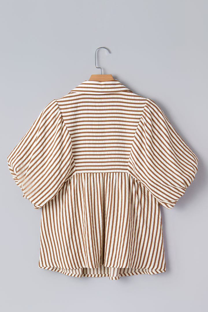Brown Stripe Shirred V Neck Short Puff Sleeve Blouse