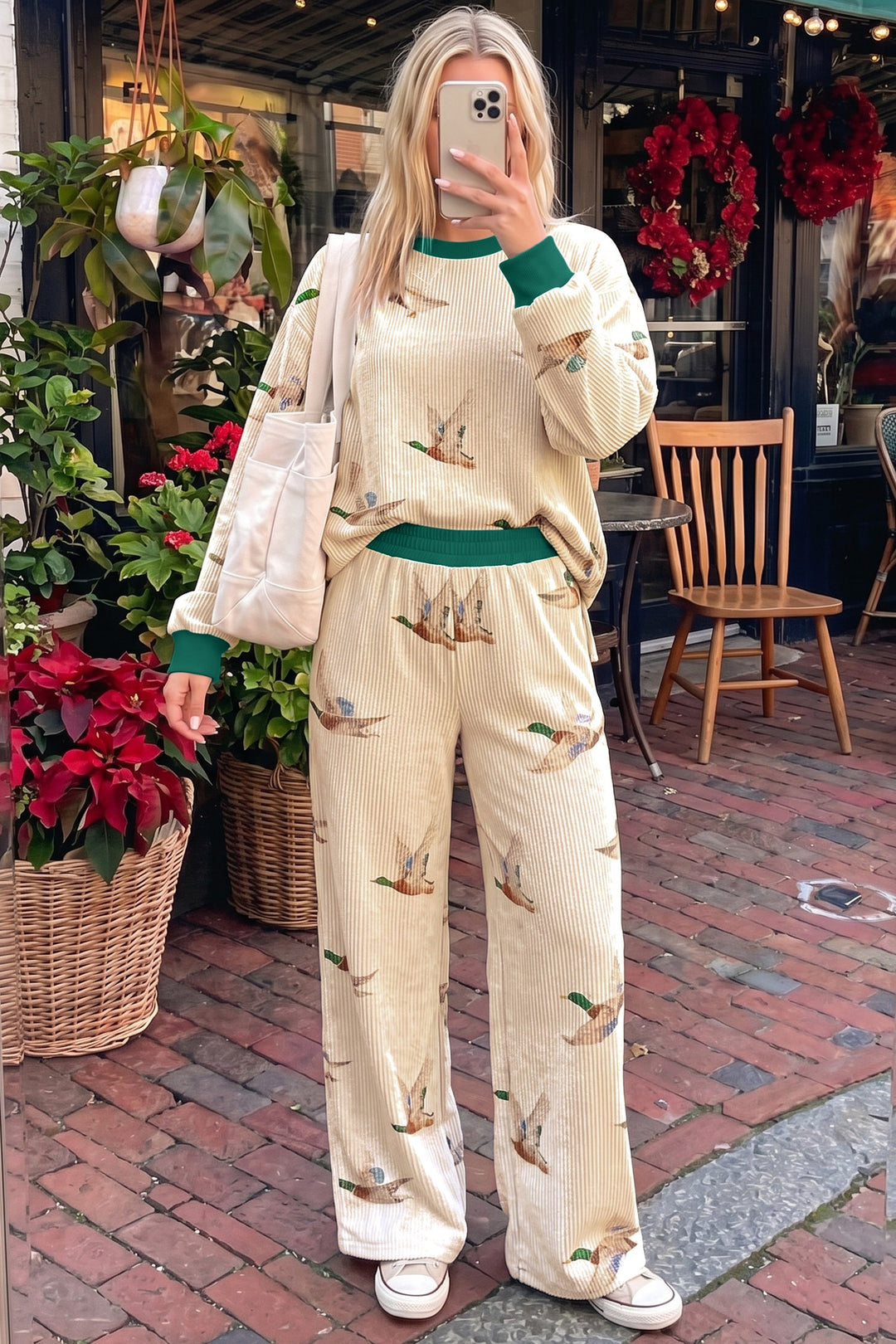 Beige Mallard Duck Print Twisted Rib Long Sleeve Two Piece Pants Sets