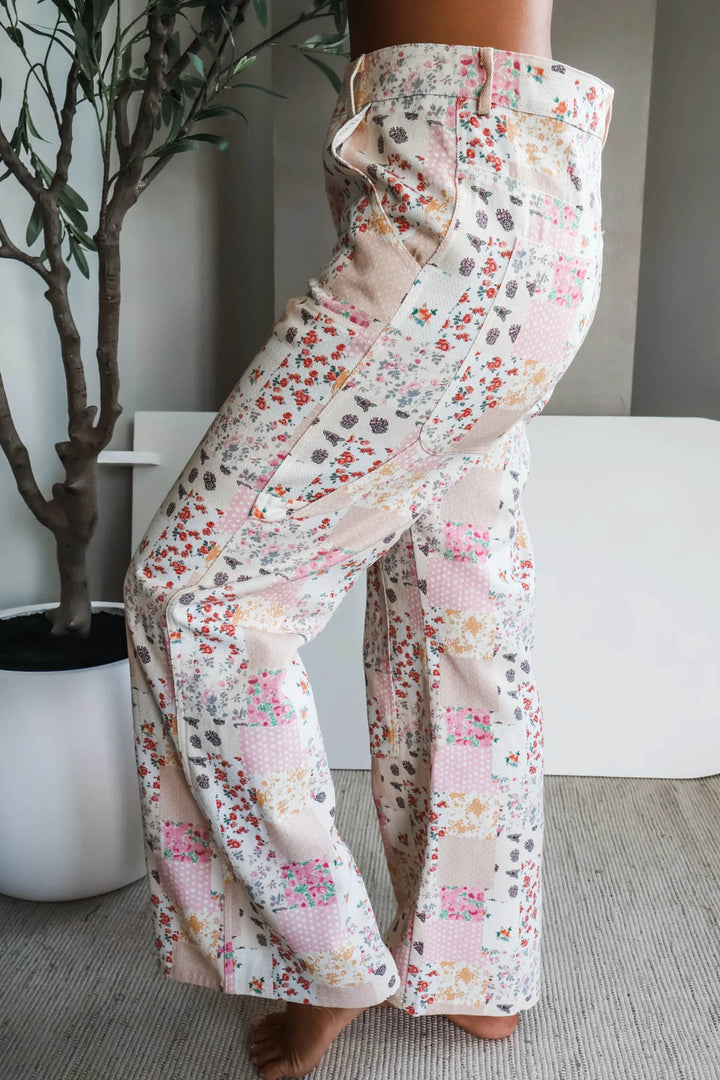 Pink Floral Patchwork Wide Leg Full Length Jeans