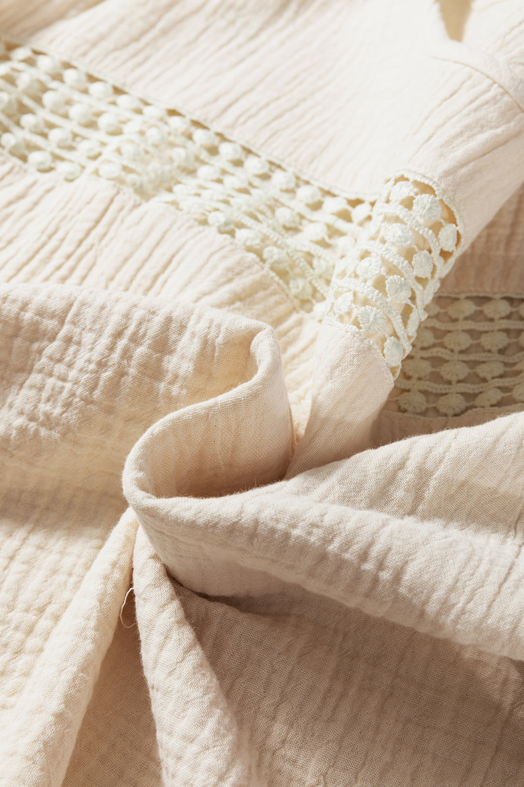 Beige Crochet Insert Textured Cotton Short Sleeve Blouse Top