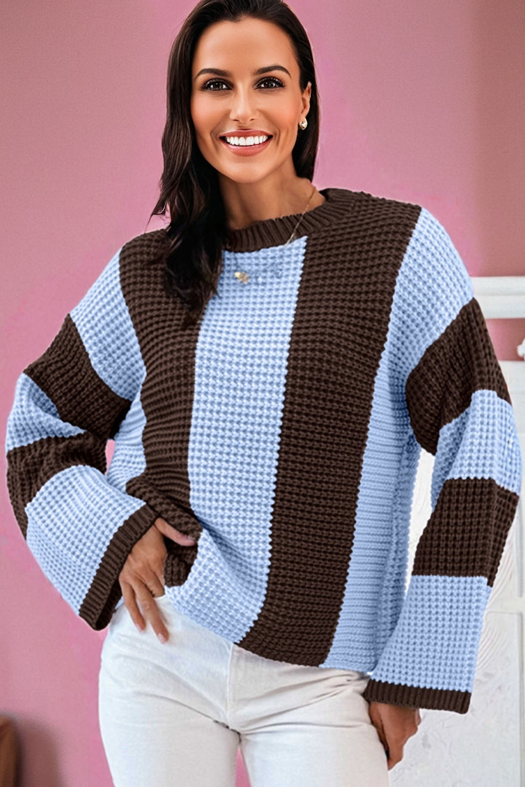 Myosotis Striped Color Block Thermal Textured Knit Drop Shoulder Sweater