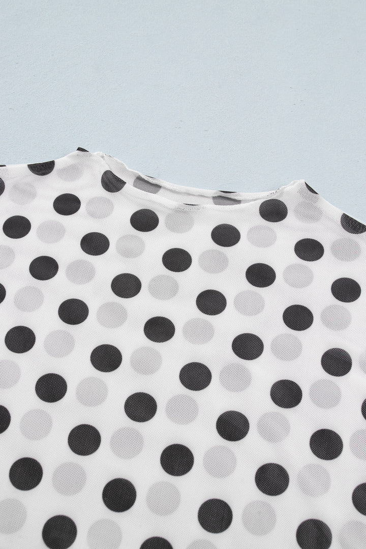 White Polka Dot Sheer Long Sleeve Round Neck Slim Top