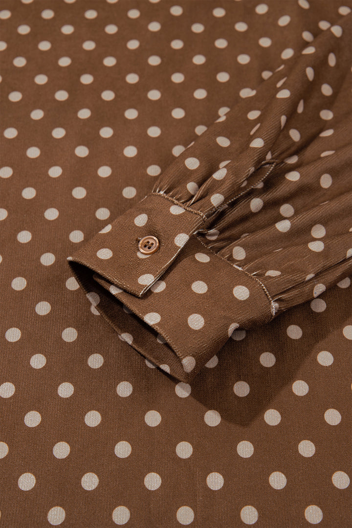 Brown Polka Dot V Neck Long Sleeve Button Shift Dress