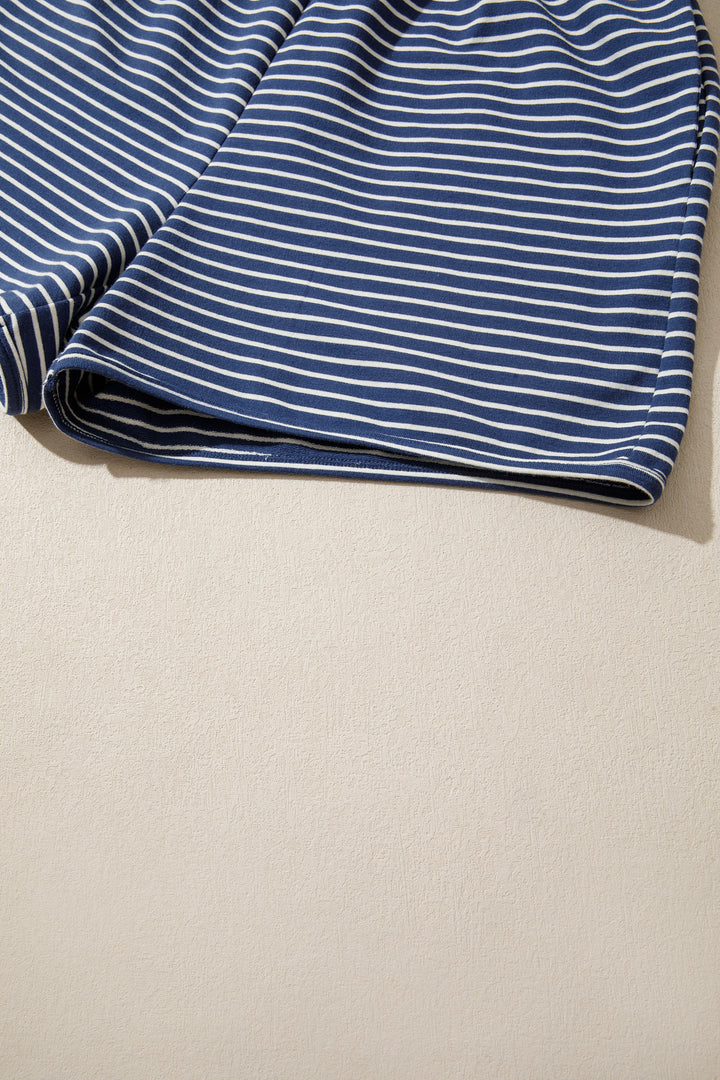 Blue Stripe Ribbed Patchwork Mock Neck Baggy Pullover Matching Shorts Set